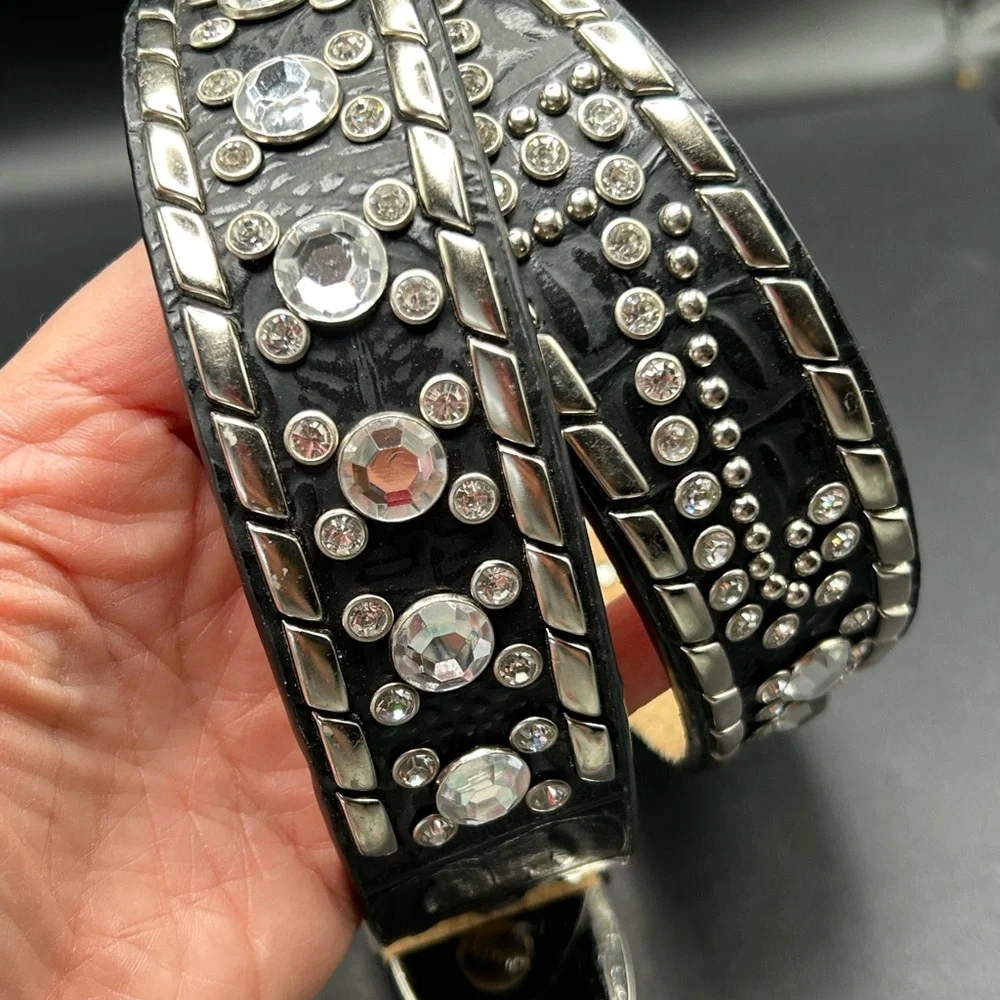 VTG BHW Rhinestone Belt‎ Black Leather and Silver Embellished Rhinestones 42”